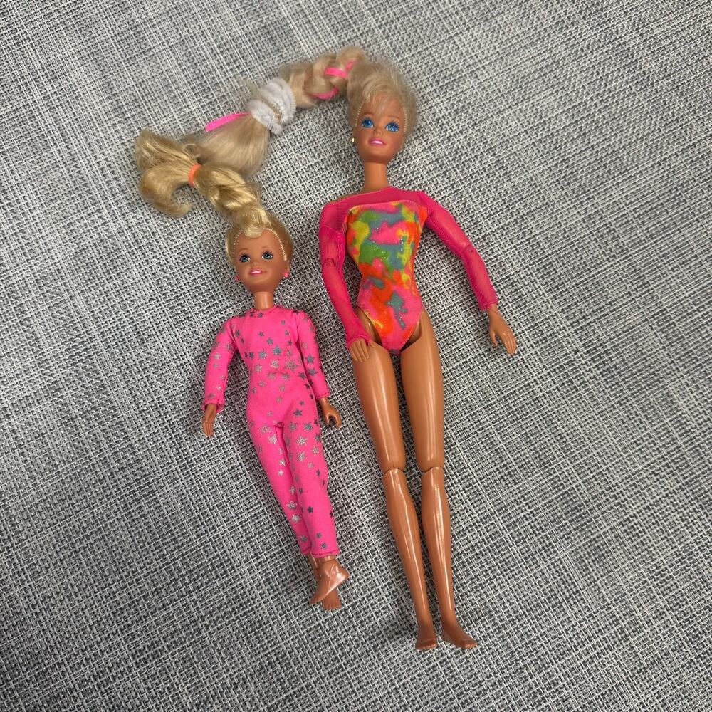 2 Vintage Barbie Dolls 1990s Stacie Gymnast Pink Leotard Outfit Little Sister